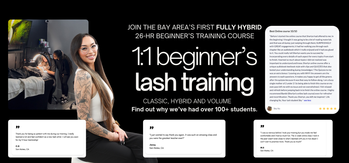 Promotional banner for a lash training course, featuring a woman with long dark hair on the left, large white text reading '1:1 beginner's lash training' in the center, and several white quote cards on a black background.