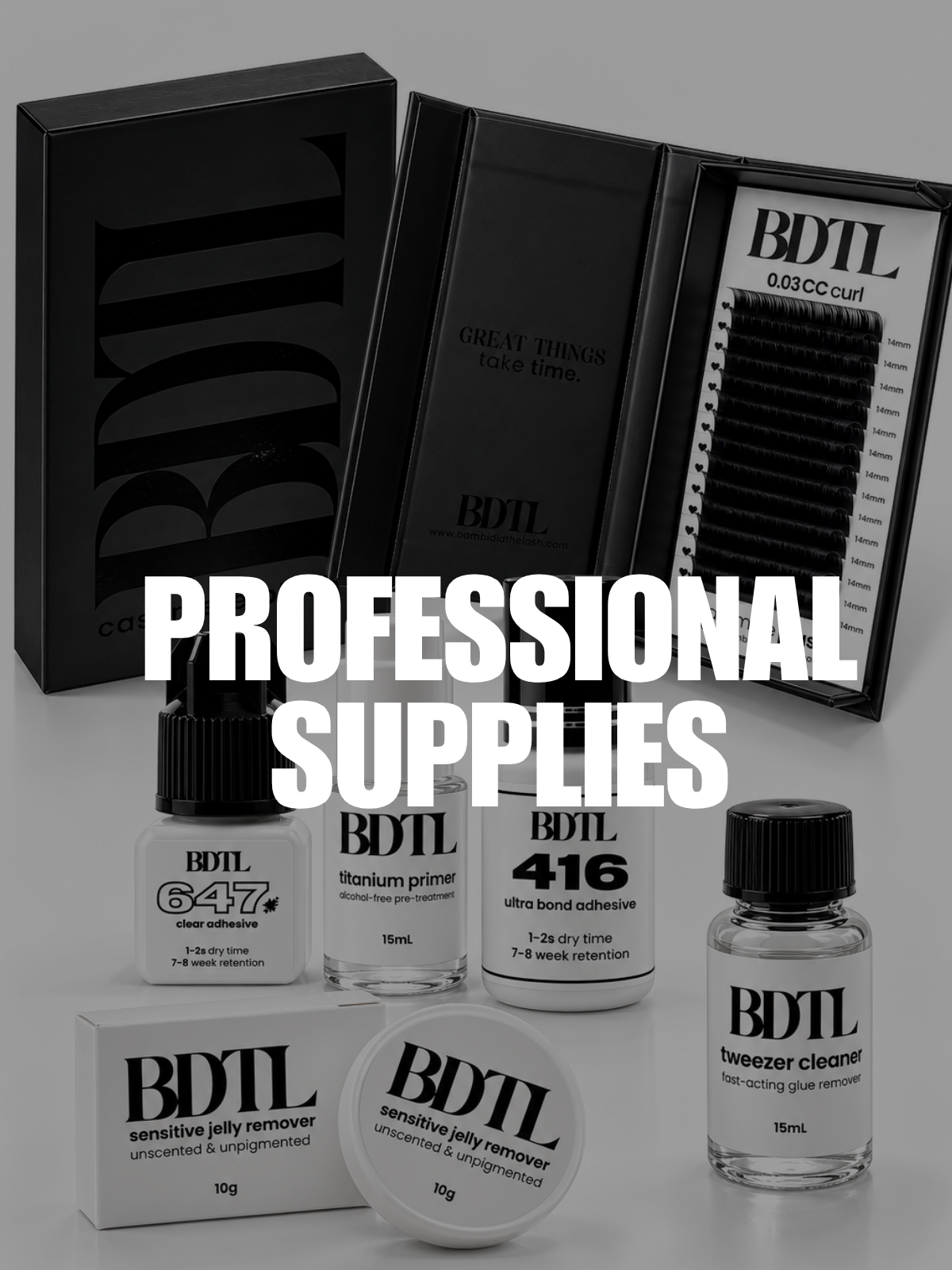 A set of BDTL professional eyelash and brow care products arranged on a light gray surface, including bottles, boxes, and a tray of black lashes, with large white text reading 'PROFESSIONAL SUPPLIES' across the center.