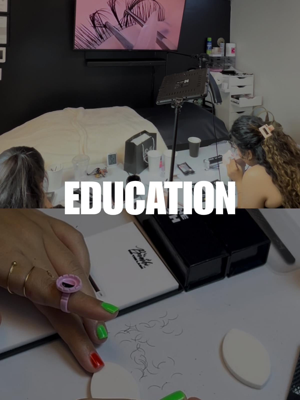 A promotional collage with the word 'EDUCATION' in large white text across the center. The scene shows a lash workshop environment with a person's hand displaying colorful lash art, another person seated at a table, tools, boxes, and a screen in the background.