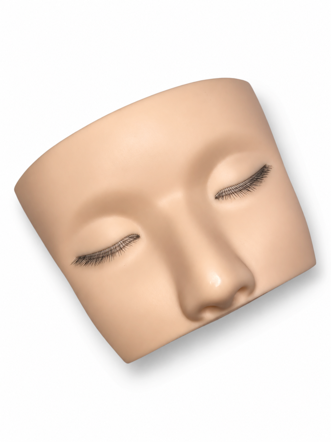 3-layer lash mannequin head shown at an angle with practice lash extensions