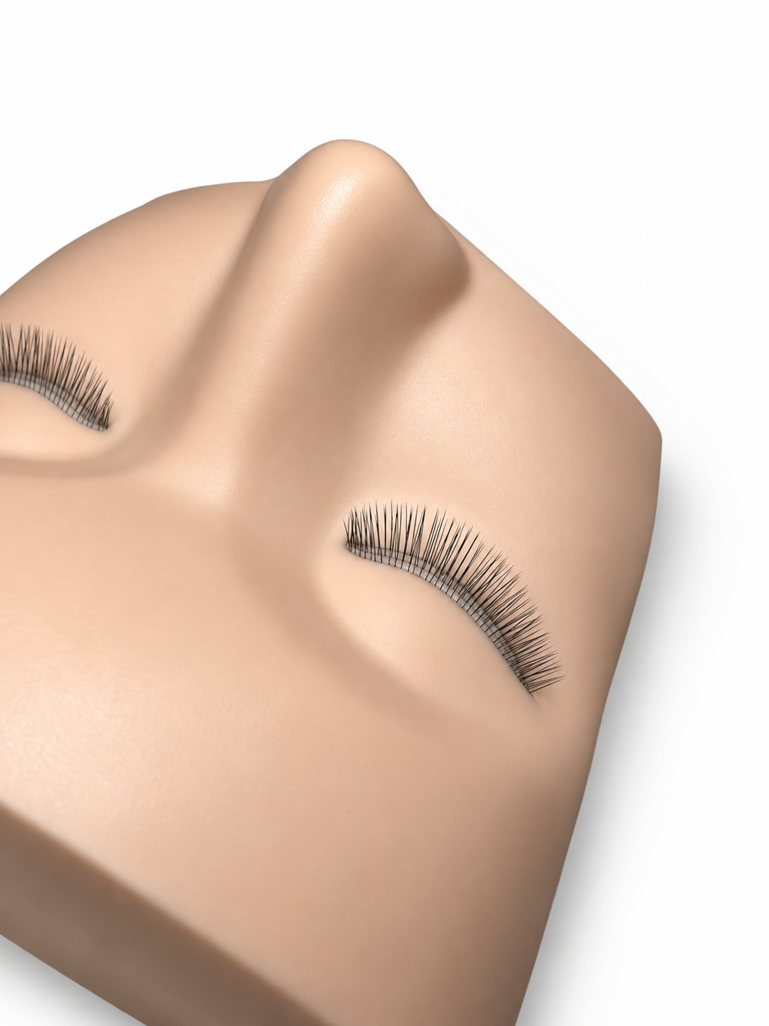 3-layer lash mannequin head shown at an angle with practice lash extensions