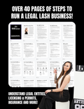 Promotional graphic for a digital guide titled 'Over 40 Pages of Steps to Run a Legal Lash Business!' by Bambi Did the Lash. The graphic features a large mockup of a white page filled with black text and diagrams, set against a black background.